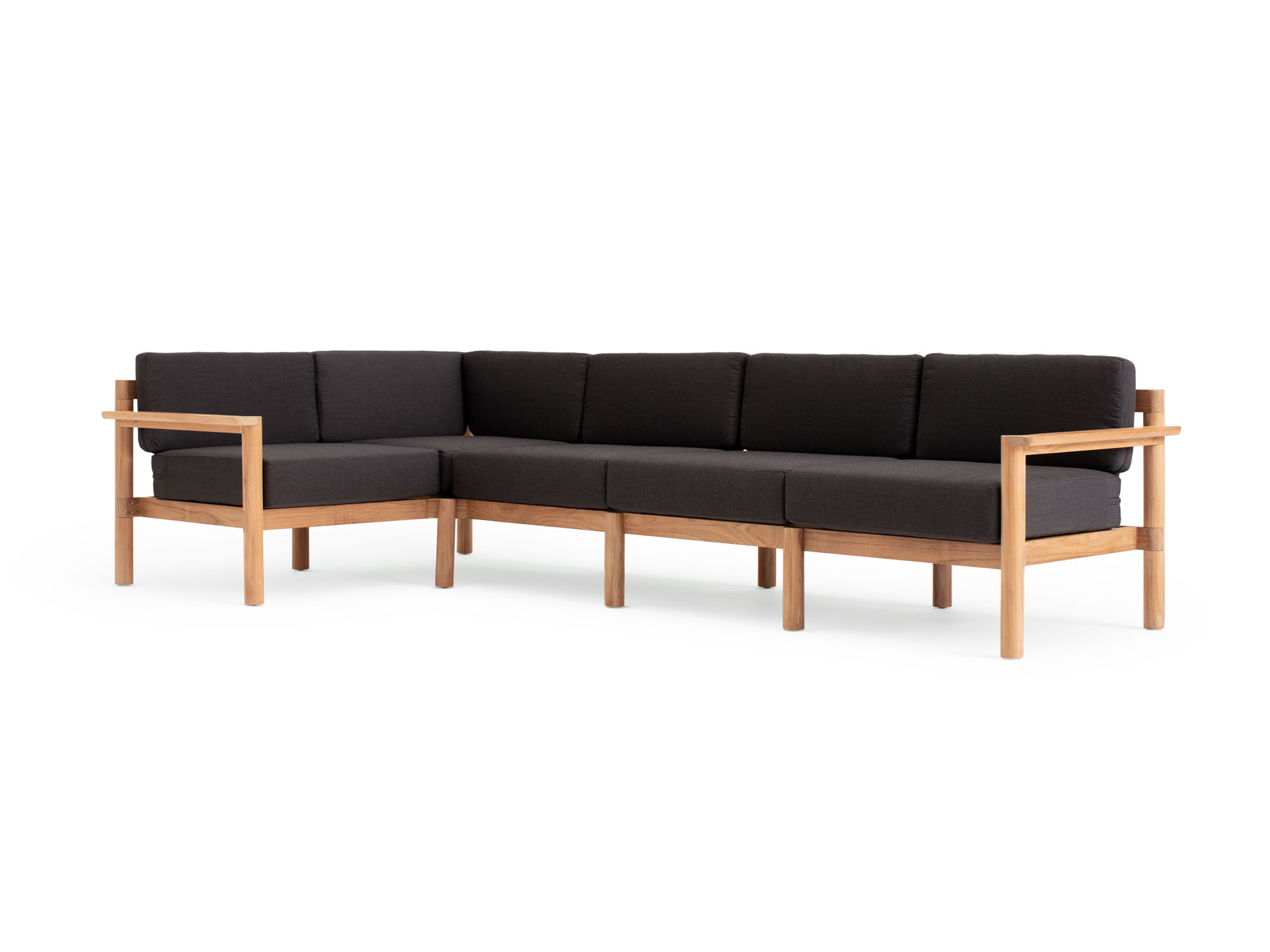 Front angle view of 5-piece outdoor sectional with black cushions
